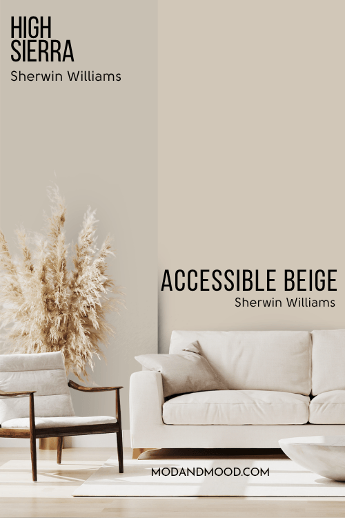 Sherwin Williams Accessible Beige vs High Sierra each on half of a wall in a living room.