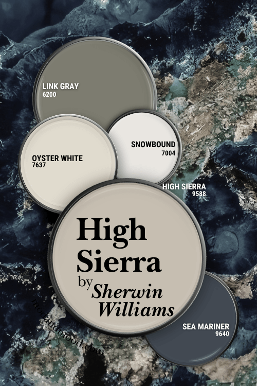 Sherwin Williams High Sierra in a color palette with Link Gray, Snowbound, Oyster White, and Sea Mariner, over a background of the color on a blue and beige crystal veined rock.