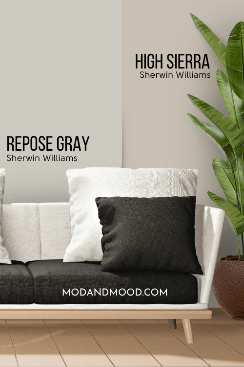 Sherwin Williams High Sierra on half of a wall compared to Repose Gray on the other half.