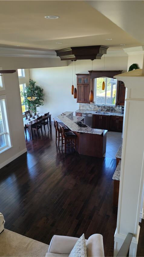 Benjamin Moore Maritime White on walls, sea urchin ceilings, espresso cabinets, and steam trim