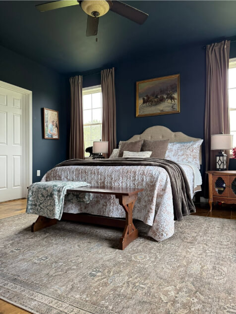 Valspar Pitch Cobalt color drench in a bedroom where it looks like Hague Blue.