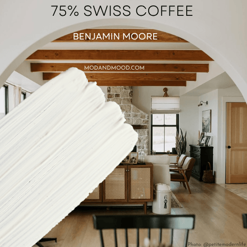 Swatch of 75% Swiss Coffee over a photo of the same on walls in a beautiful open plan home.