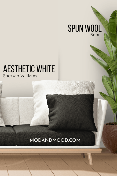 Sherwin Williams Aesthetic White on half of a wall and Behr dupe spun wool on the other half behind a white sofa