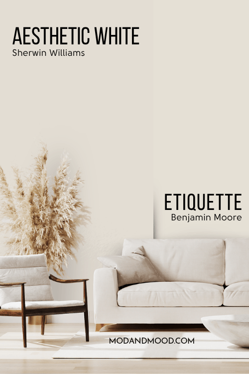Sherwin Williams Aesthetic White on half of a wall and Benjamin Moore dupe Etiquette on the other half behind a beige sofa