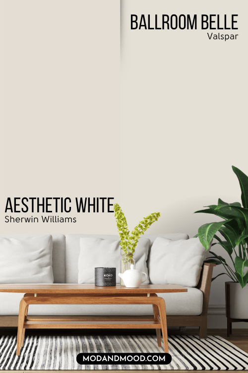 Sherwin Williams Aesthetic White on half of a wall and valspar dupe ballroom belle on the other half behind a white sofa