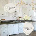 Swatch of Sherwin williams alabaster and benjamin moore alabaster over photos of each color on cabinets