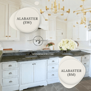 Swatch of Sherwin williams alabaster and benjamin moore alabaster over photos of each color on cabinets