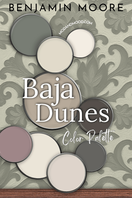 Benjamin Moore Baja Dunes Color Palette. All coordinating colors unlabelled from the post and displayed over a green painterly background