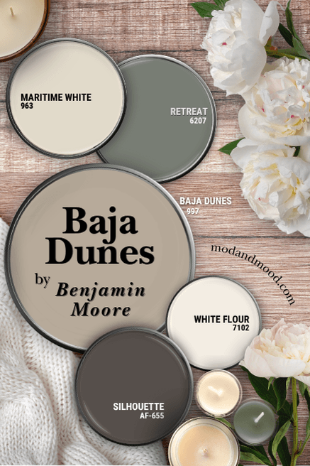 Benjamin Moore Baja Dunes color palette features coordinating colors Silhouette, retreat, Maritime White, and White Flour over a wood backgroud with a blanket, peonies, and candles.