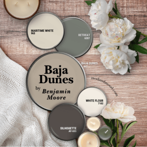 Benjamin Moore Baja Dunes color palette features coordinating colors Silhouette, retreat, Maritime White, and White Flour over a wood backgroud with a blanket, peonies, and candles.
