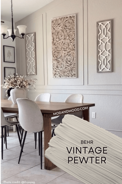 Swatch of Behr Vintage Pewter over a photo of the color on a feature wall in a dining room.