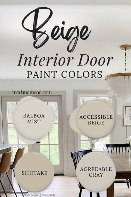 "Beige interior doors" graphic, features swatches of Balboa Mist, Accessible Beige, Shiitake, and Agreeable Gray over a background of Agreeable Gray on trim and doors.