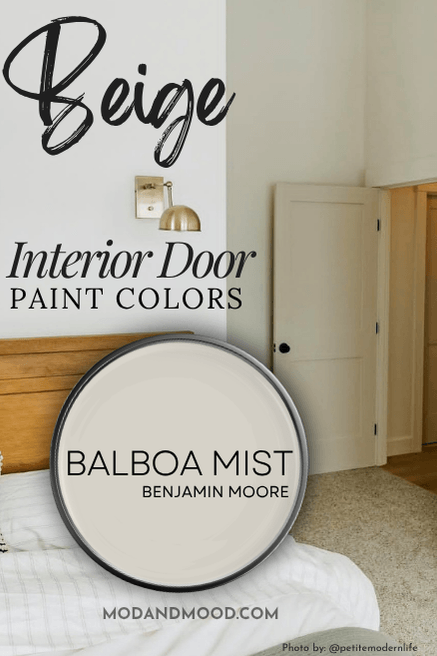 Swatch of Balboa Mist over a photo of the color on interior door in a bedroom with white walls.