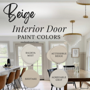 "Beige interior doors" graphic, features swatches of Balboa Mist, Accessible Beige, Shiitake, and Agreeable Gray over a background of Agreeable Gray on trim and doors.