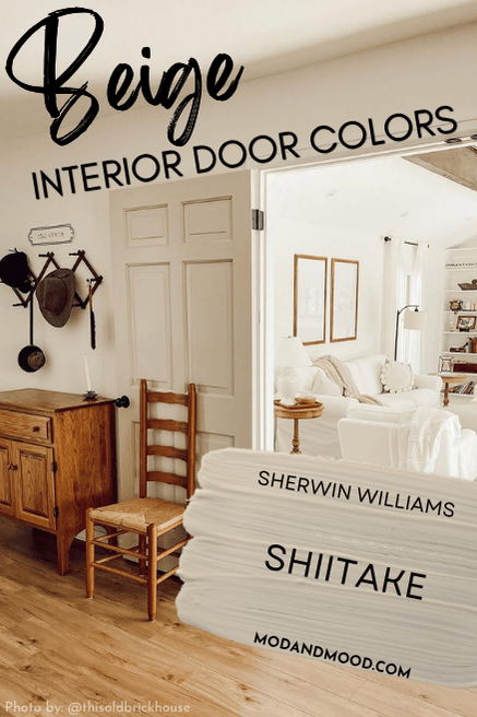 Sherwin Williams Shiitake on an interior door leading to an all white living room. Graphic reads "beige interior doors."