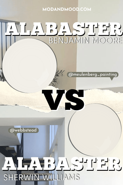Swatch of Benjamin Moore alabaster over a photo of the color and the same of the Sherwin Williams version of Alabaster.