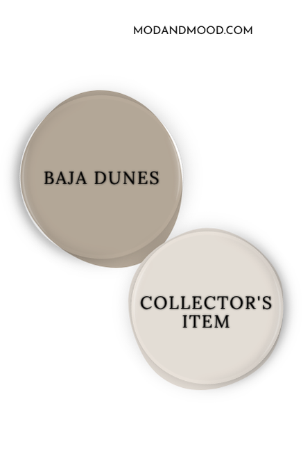 Benjamin Moore Baja Dune swatched as a paint dot beside the same of coordinating color Collector's Item