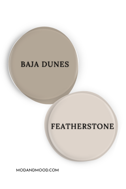 Benjamin Moore Baja Dune swatched as a paint dot beside the same of coordinating color Featherstone