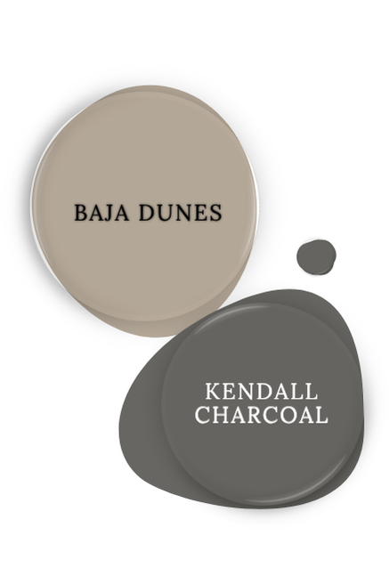 Benjamin Moore Baja Dune swatched as a paint dot beside the same of coordinating color Kendall Charcoal