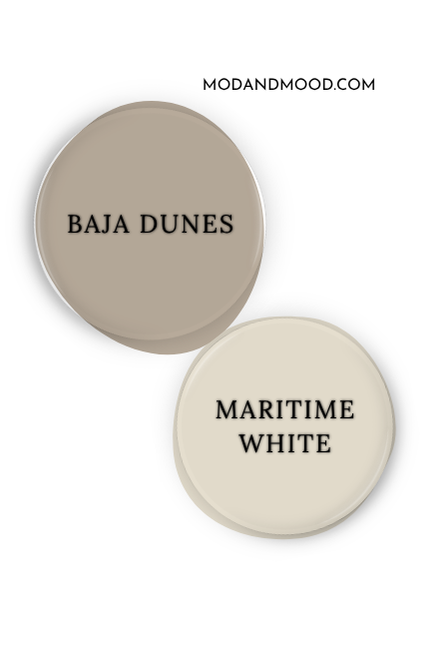 Benjamin Moore Baja Dune swatched as a paint dot beside the same of coordinating color Maritime White.