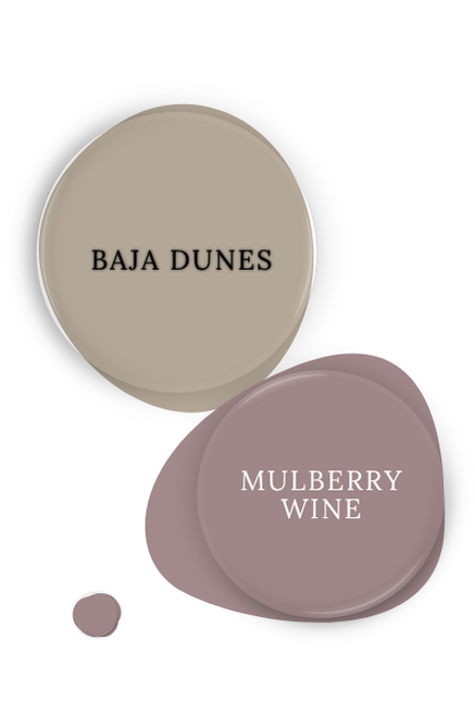 Benjamin Moore Baja Dune swatched as a paint dot beside the same of coordinating color Mulberry Wine