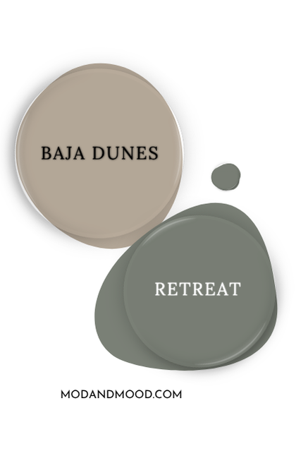 Benjamin Moore Baja Dune swatched as a paint dot beside the same of coordinating color Sherwin Williams Retreat.