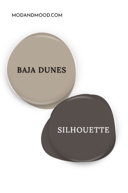 Benjamin Moore Baja Dune swatched as a paint dot beside the same of coordinating color Benjamin Moore Silhouette.