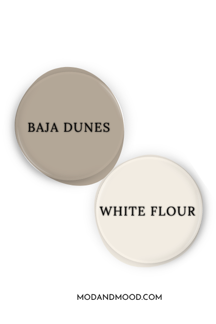 Benjamin Moore Baja Dune swatched as a paint dot beside the same of coordinating color White Flour.