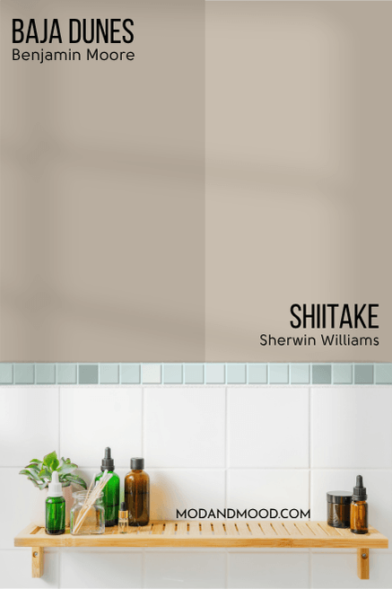 Benjamin Moore Baja Dunes on half of a wall and Shiitake on the other half in a bathroom.