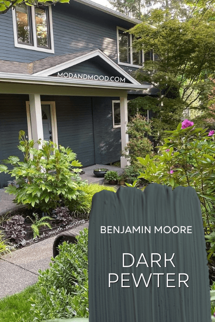 Benjamin Moore Dark Pewter on an exterior with a swatch of the color over top.