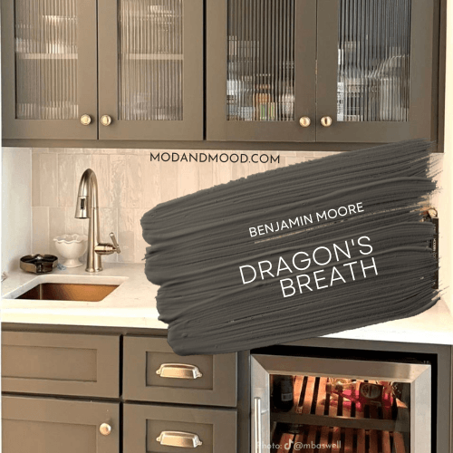 Benjamin Moore Dragon's Breath on cabinets in a butler's pantry/wet bar, with a swatch of the color over top.