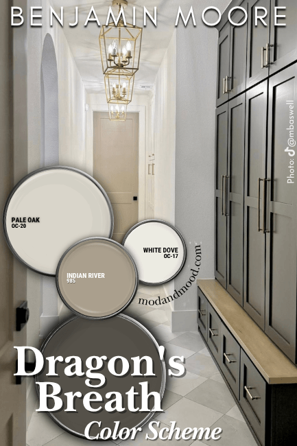 Benjamin Moore Dragon's breath in a palette with White Dove, Indian River, and Pale Oak over a photo of the color in a long white hallway with Dragon's Breath cabinets on the right side and an Indian River door at the end of the hallway.