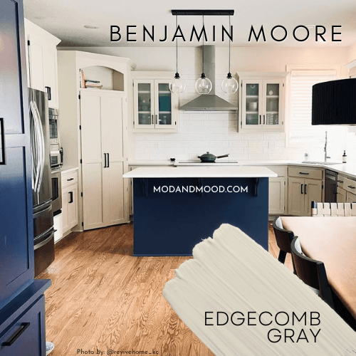 Benjamin Moore Edgecomb Gray aka Baby Fawn aka Alaskan Skies on kitchen cabinets with Sherwin Williams Charcoal Blue on an island and pantry.