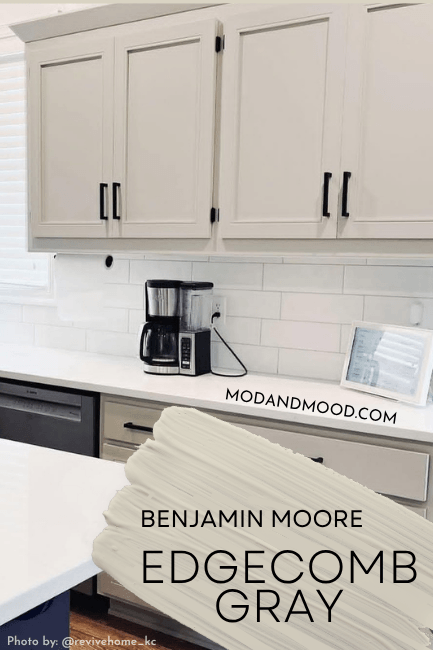 Edgecomb Gray swatched over cabinets in the color