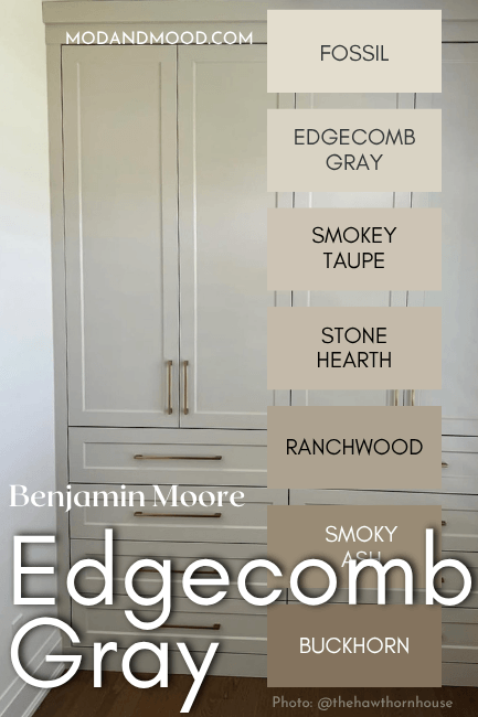 Edgecomb Gray color strip features shades from light to dark: Fossil, Edgecomb Gray, Smokey Taupe, Stone Hearth, Ranchwood, Smoky Ash, and Buckhorn, over a photo of the color on cabinets.