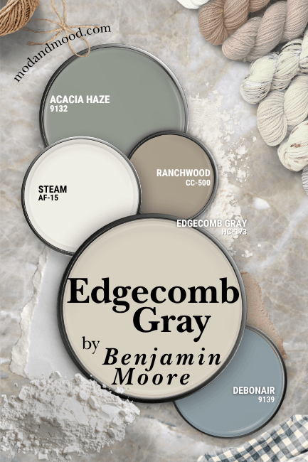 Color Palette for edgecomb Gray features the color alongside Acacia Haze, Steam, Debonair, and Ranchwood over a granite background with flour, yarn, and twin scattered around.