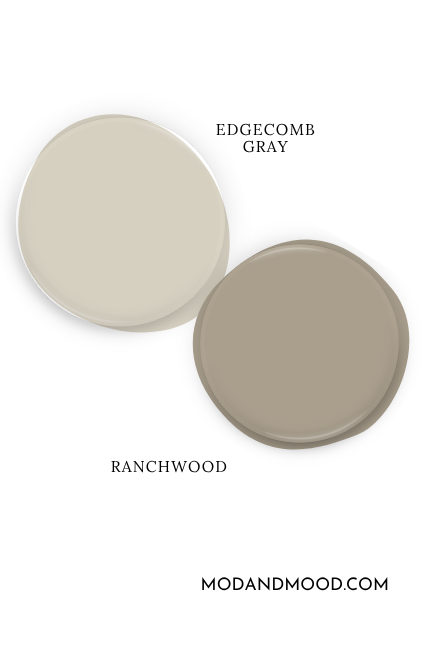 Paint dot swatch of Benjamin Moore Edgecomb Gray with the same of coordinating color Ranchwood