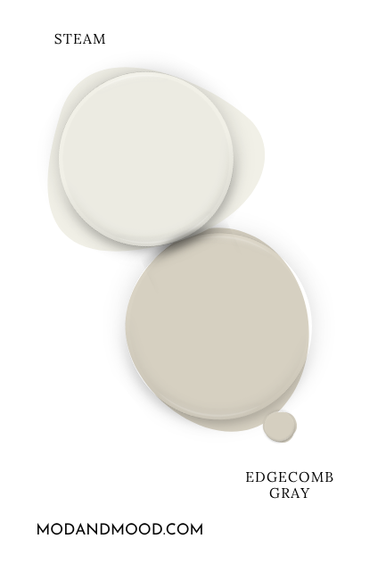 Paint dot swatch of Benjamin Moore Edgecomb Gray with the same of coordinating color Steam