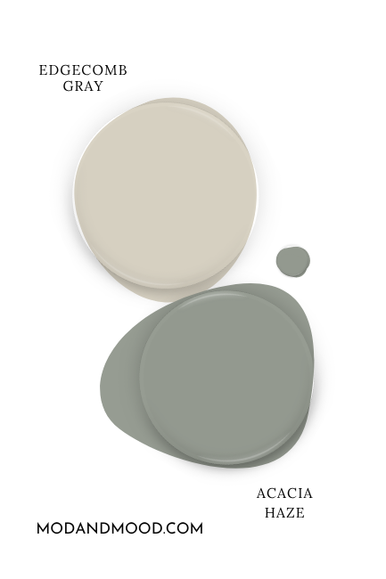 Paint dot swatch of Benjamin Moore Edgecomb Gray with the same of coordinating color acacia haze