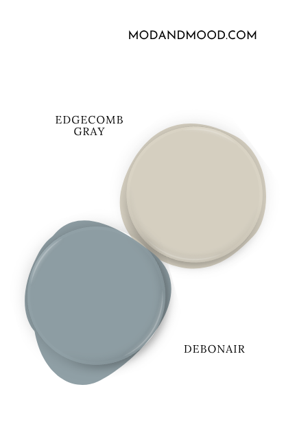 Paint dot swatch of Benjamin Moore Edgecomb Gray with the same of coordinating color debonair