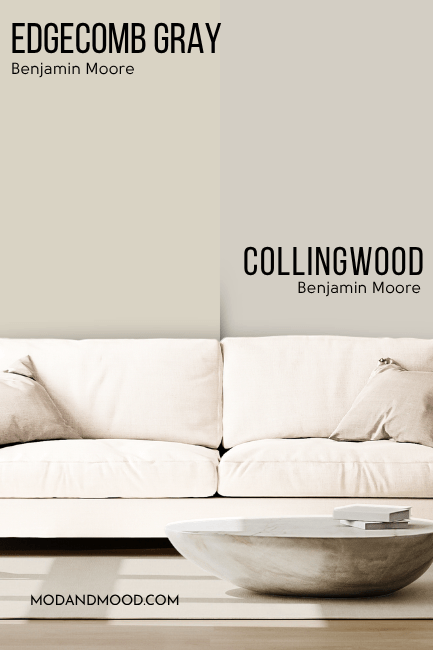 Benjamin Moore Edgecomb Gray on half of a wall and Collingwood on the other half behind a white sofa.