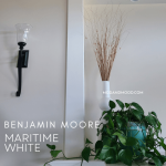 Maritime White on Walls in a living room with a plant and a tall vase of sticks over a fireplace.