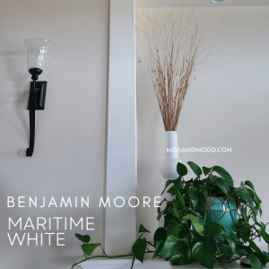 Maritime White on Walls in a living room with a plant and a tall vase of sticks over a fireplace.
