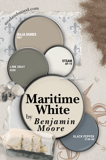 Benjamin Moore Maritime White color palette features Maritime White, Black Pepper, Link Gray, Steam, and Baja Dunes, over a nautical themed background.