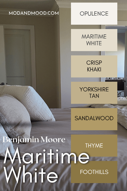 Maritime White color strip by Benjamin Moore features colors from light to dark: Opulence, Maritime White, Crisp Khaki, Yorkshire Tan, Sandalwood, Thyme, Foothills.