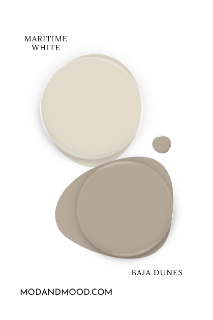 Benjamin Moore Maritime White swatched with coordinating color Baja Dunes