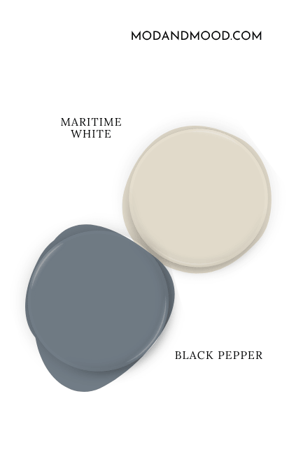 Benjamin Moore Maritime White swatched with coordinating color Black Pepper