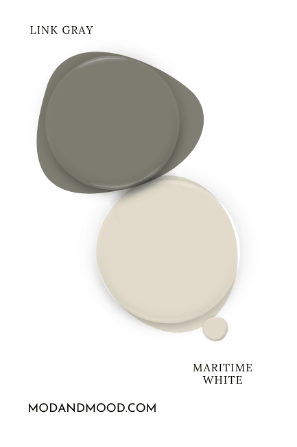 Benjamin Moore Maritime White swatched with coordinating color Link Gray