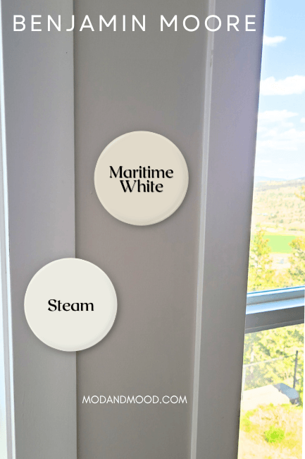 Maritime White swatched with Steam over a photo of the colors together.