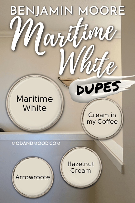 Maritime white swatched alongside dupes arrowroote, Hazelnut cream, and Cream in my coffee, over a photo of the color in a hallway and stairwell.